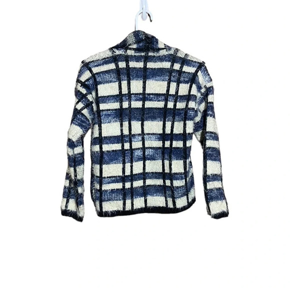La Fee Verte Adult Sweater XS Blue Cream Plaid Eyelash Open Front Cardigan Women - Picture 6 of 7